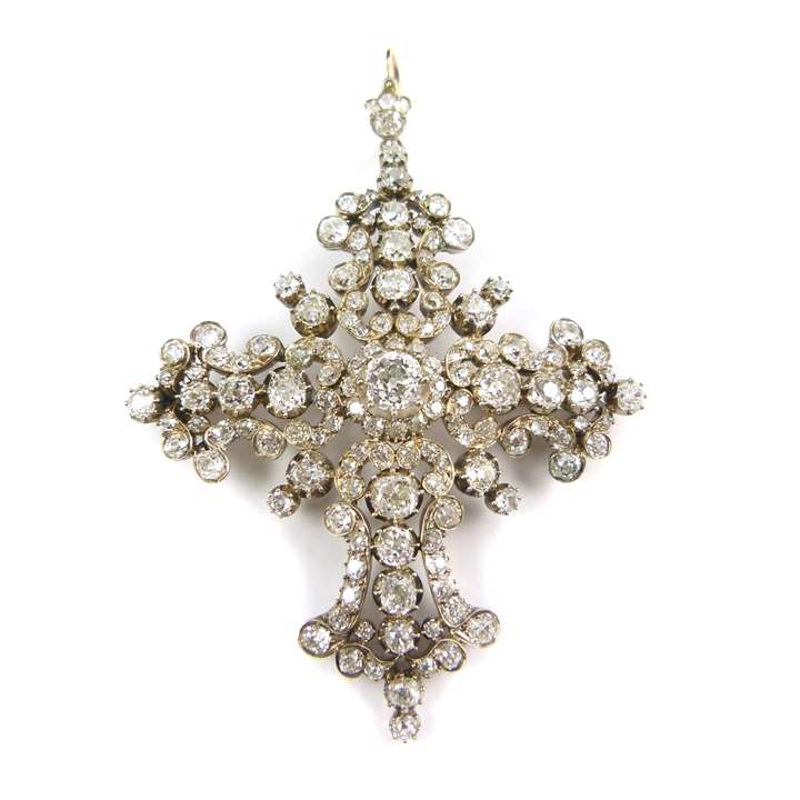 Diamond cluster cross brooch-pendant